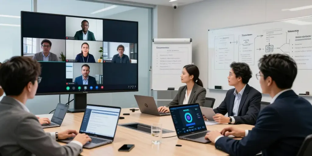 Deepfake protected Conferencing in a secure video meeting environment with professionals using advanced technology.