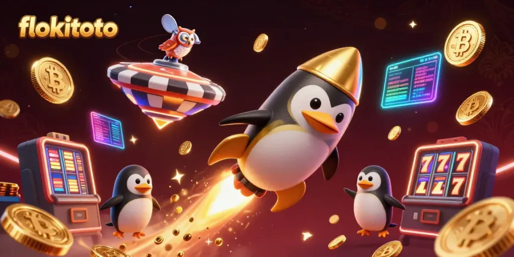 Experience thrilling wins at flokitoto with a vibrant casino-themed illustration featuring a golden penguin and slot elements.