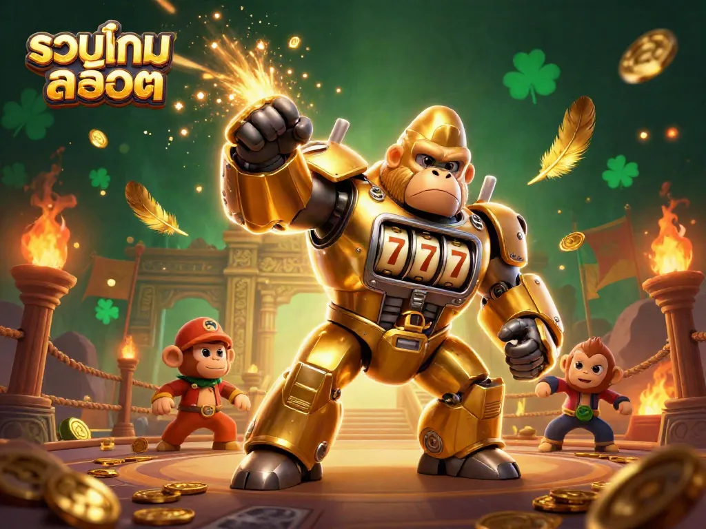 Experience the excitement of รวมเกมสล็อต with a golden gorilla mech and vibrant casino action.