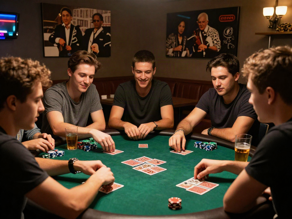먹튀검증 scene of friends playing cards, enjoying a vibrant gambling atmosphere
