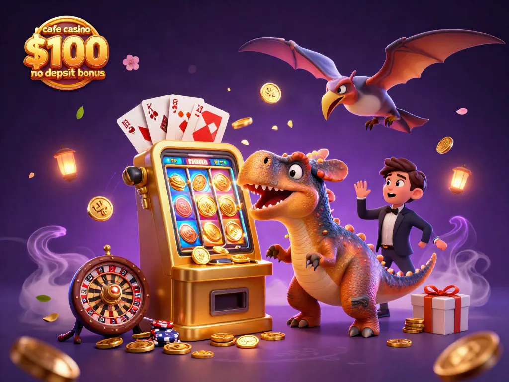 Cafe casino $100 no deposit bonus scene with 3D cartoon dinosaurs winning jackpots and catching coins
