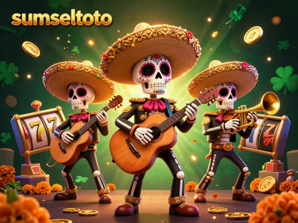Sumseltoto's festive slot gaming scene features lively skeletons playing instruments among vibrant game elements.