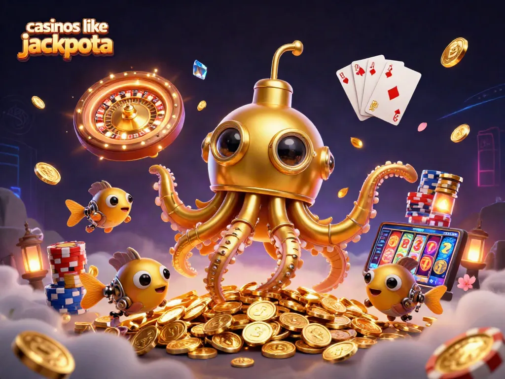 Explore exciting games at casinos like Jackpota with a vibrant 3D visual of wining elements.