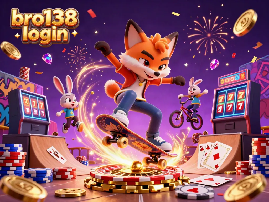 The lively scene of a skateboarder fox performing tricks with a BMX rabbit near casino symbols and golden coins, showcasing bro138 login.