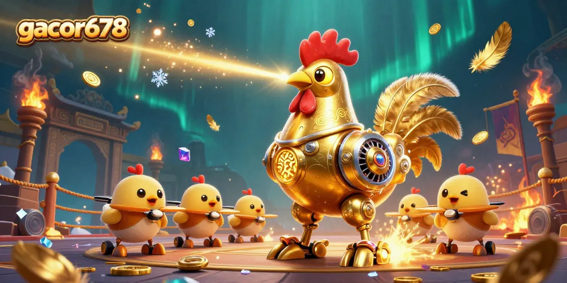 Engage with gacor678 slots featuring a golden rooster robot and exciting casino elements.