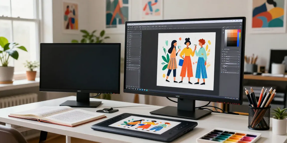 Illustrator engaging with an AI illustration generator in a vibrant studio.