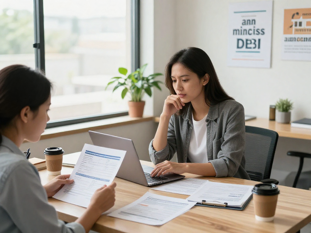 Professional financial counselor assisting a client with credit consolidation solutions in a calming office.