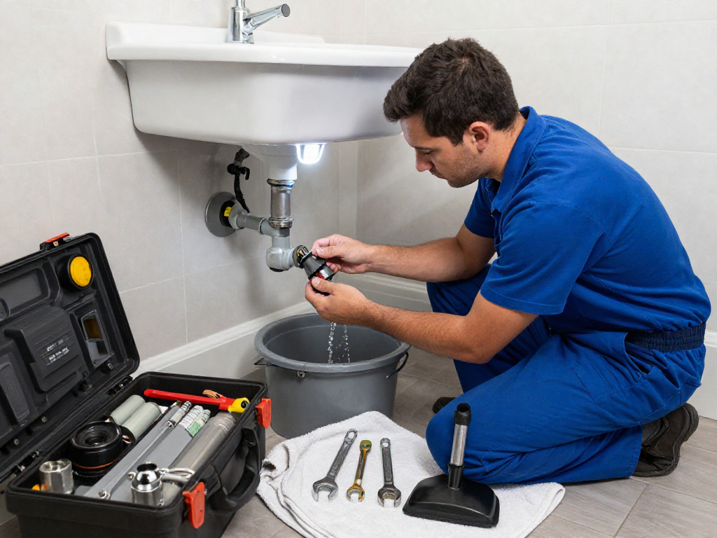 Emergency plumber Fort Worth fixing a leak under the sink, focused on repair with tools laid out.