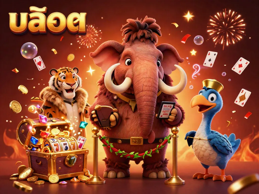 Engaging visual of a 3D woolly mammoth bouncer checking IDs in a dynamic casino scene, emphasizing สล็อต.