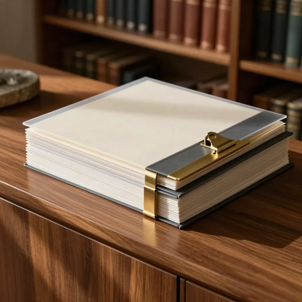 Investor presentation portfolio with brass clip and blank dividers on a walnut credenza.