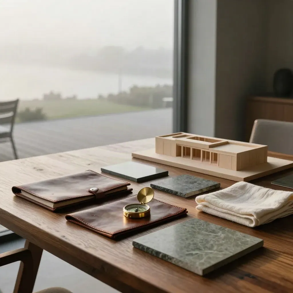 Heritage strategy room with brass compass, folios, model and misty terrace at dawn