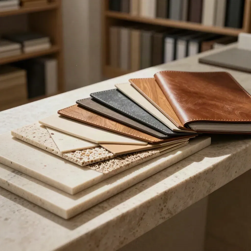 Travertine, oak, leather and stone swatches fanned across a materials ledge