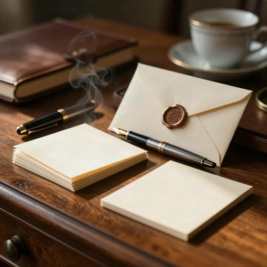 Fountain pen, folded cards, and sealed envelopes on a walnut tray in warm afternoon light.