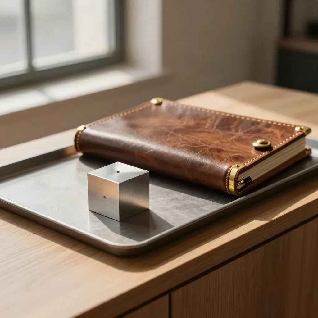 Leather board-pack folio, steel sample cube and machined part on a walnut tray in warm workshop light
