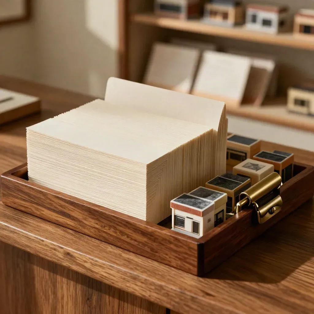 Ivory message cards and store-model cubes in a lacquered tray on a walnut counter.