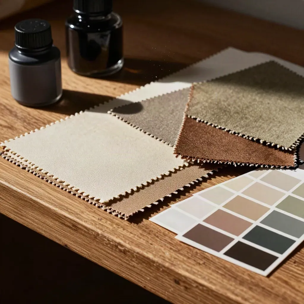 Close-up of swatches, ink bottles, and colour chips on a worn oak shelf.