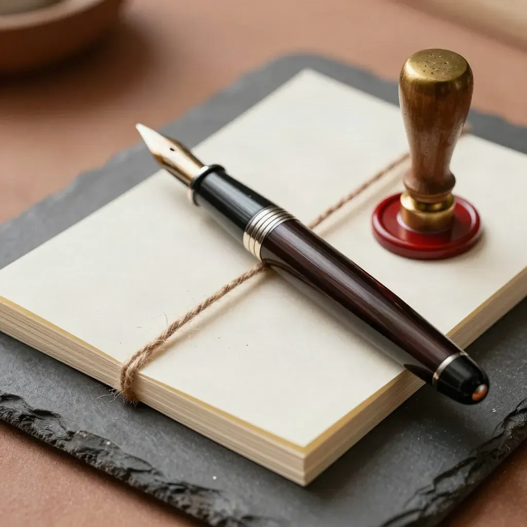 Macro still life of a fountain pen, wax seal stamp, and tied note cards on slate stone