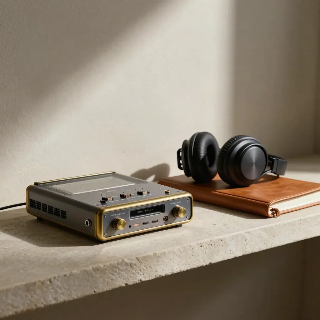 Vintage recorder, headphones and leather notebook on a stone shelf in soft side light.