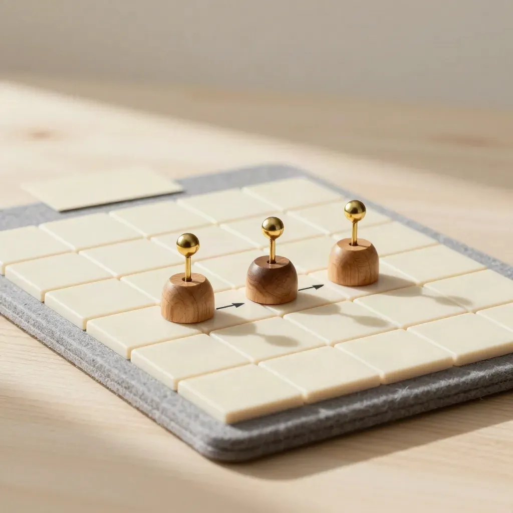 Oak tokens and brass pins on a felt board with ivory task tiles in a neat process sequence.