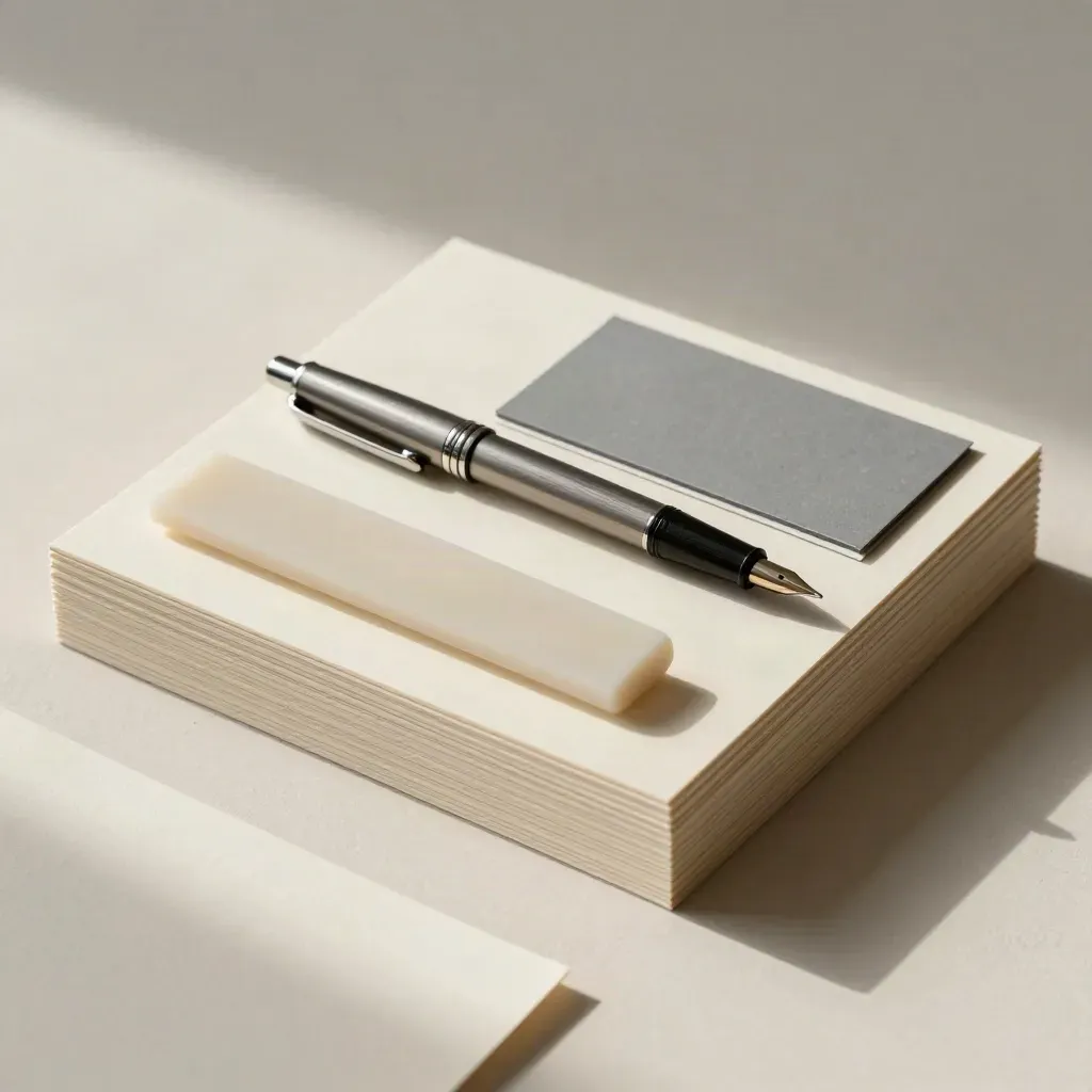 Cream strategy boards, bone folder, pen and tabbed folio on a soft plaster sweep.
