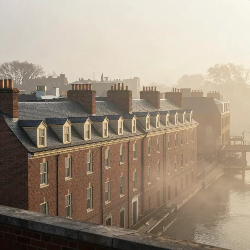 Beacon Hill rooftops and the Charles River in sunrise mist with calm copy space