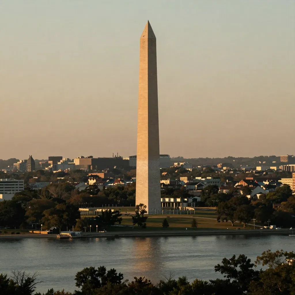 Washington Monument in golden haze above the Potomac with calm open water below