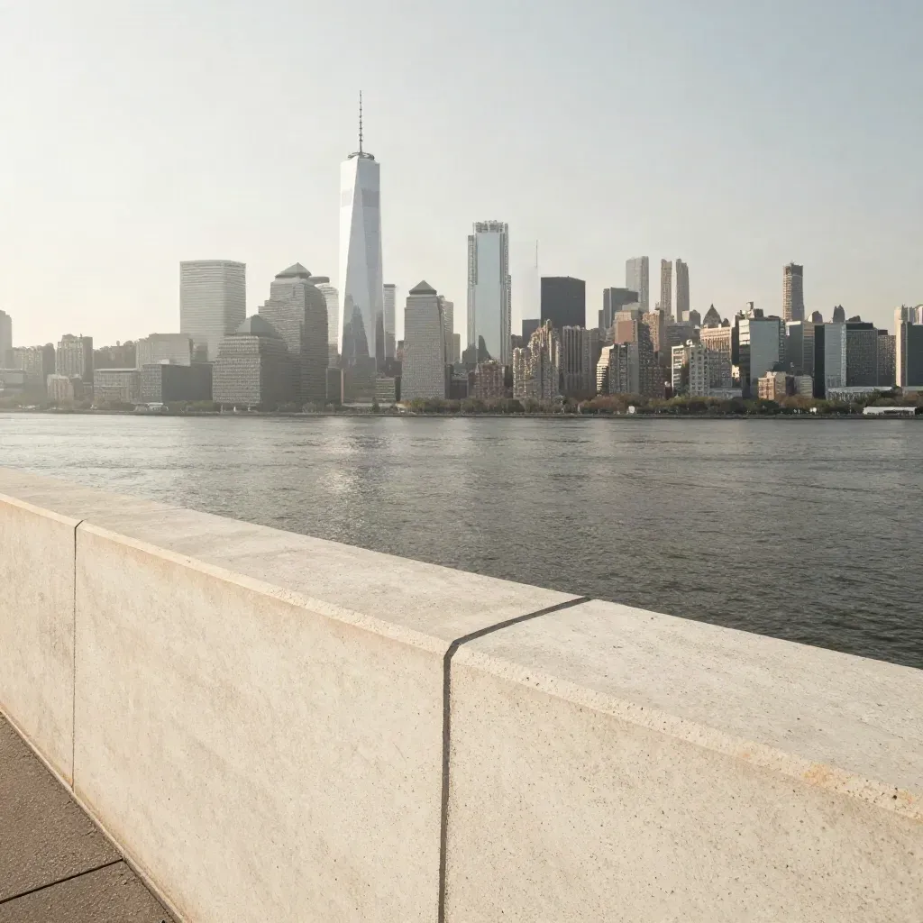 Lower Manhattan skyline over the East River, with a pale concrete ledge in warm summer haze.