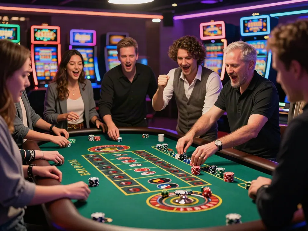 Exciting casino atmosphere featuring a roulette table and vibrant gaming action, highlighting สล็อต games.