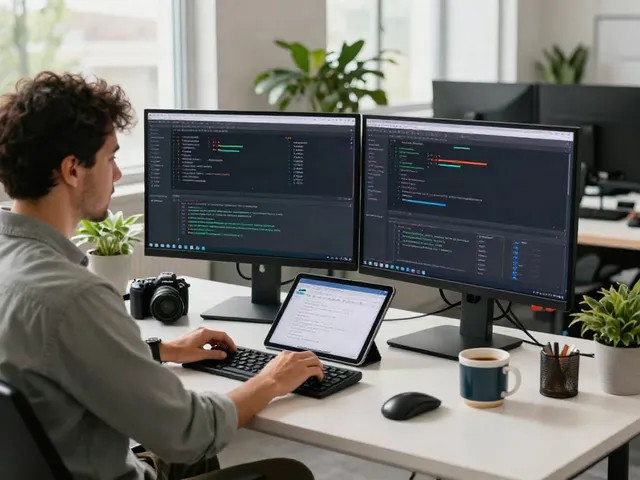 Developer using a unified LLM API in a modern workspace, showcasing dual monitors and coding tools.