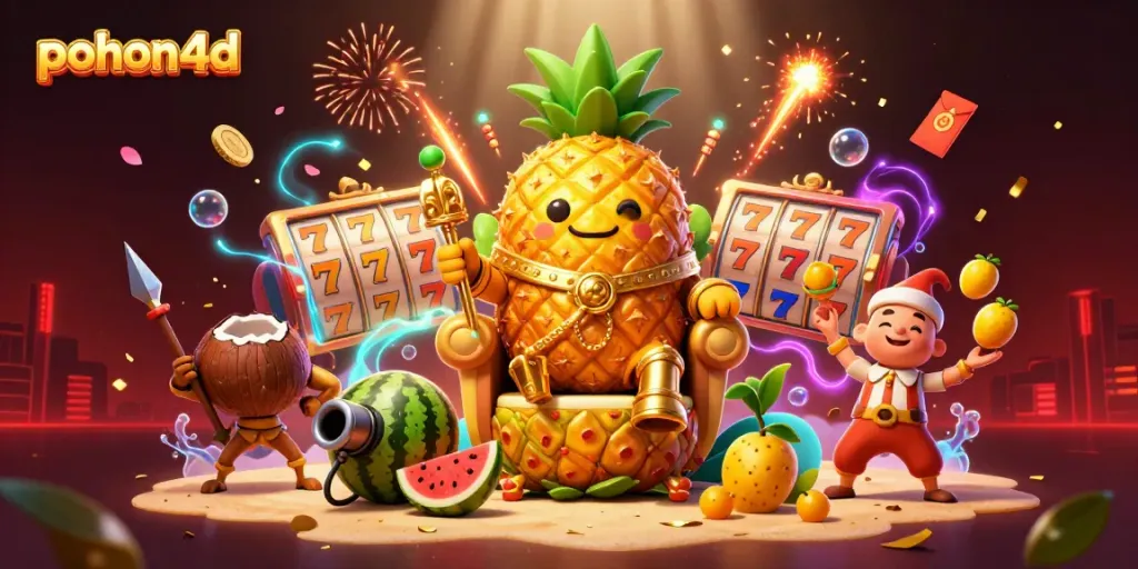 Engage with the exciting world of pohon4d as the golden pineapple king rules over a vibrant casino scene.