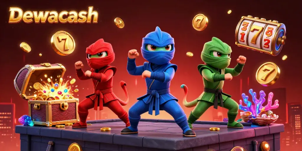 Dewacash offers a vibrant 3D casino scene featuring chameleon ninjas and gambling elements.