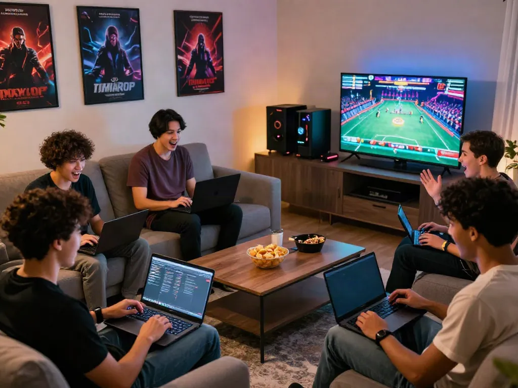 Friends enjoying online gaming together in a lively living room, featuring qqmacan games.