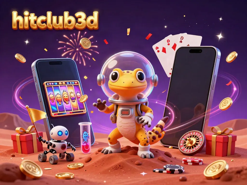 Experience the excitement of hitclub3d with a 3D Martian gecko discovering a hidden golden casino!