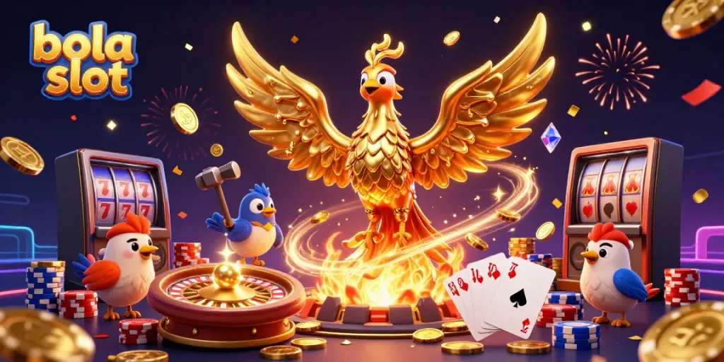 Bursting with excitement, this bola slot scene showcases a molten phoenix amidst golden coins and vibrant casino symbols.