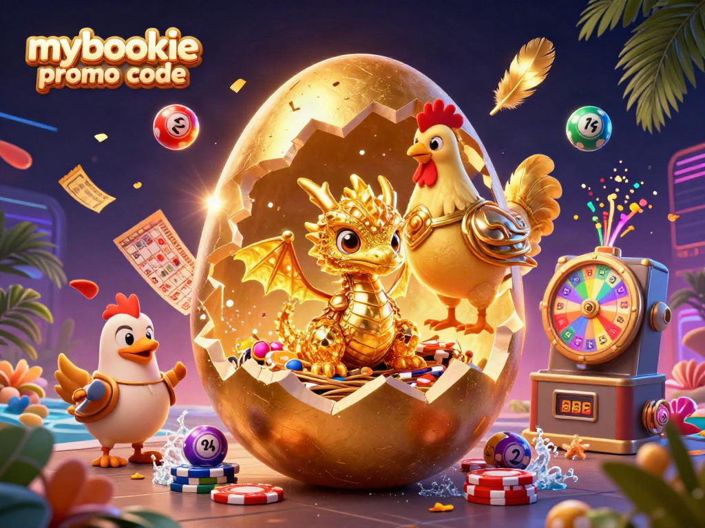 Engage with mybookie promo code to unlock amazing casino bonuses, featuring a golden cracking egg and vibrant gaming elements.