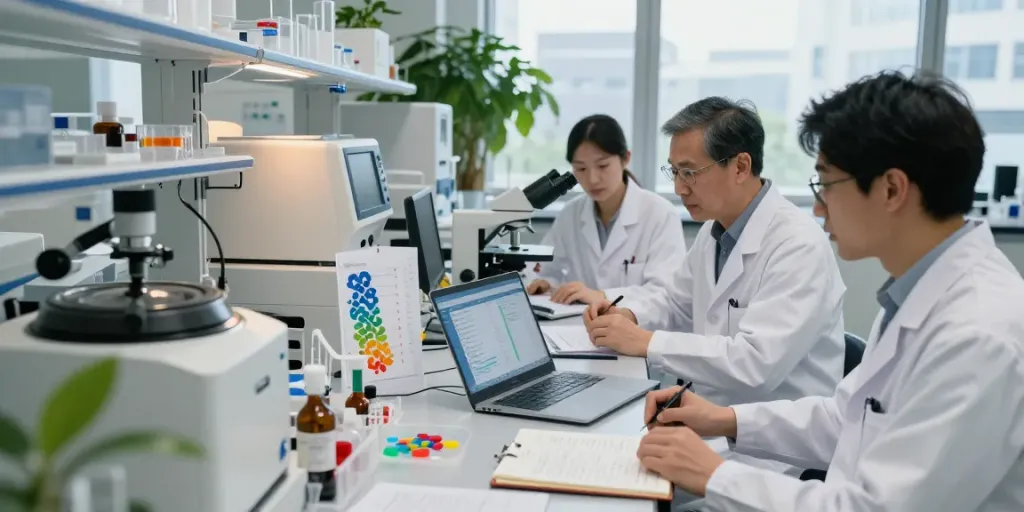 Researchers analyzing peptide cost data in a modern lab