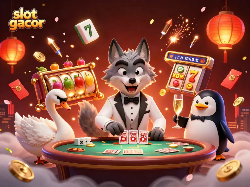 Menangkan slot gacor dengan ilustrasi karakter kasino unik seperti serigala, angsa, dan penguin dalam suasana meriah.