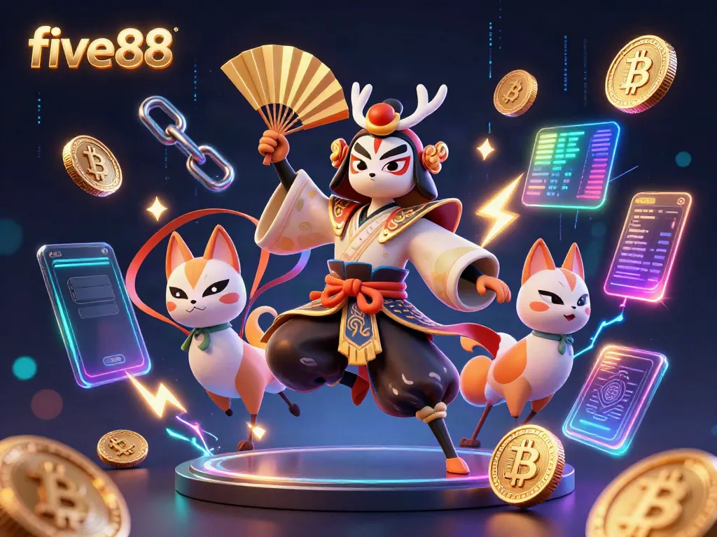 Engage with five88’s vibrant casino experience featuring a kabuki warrior and dynamic crypto elements.