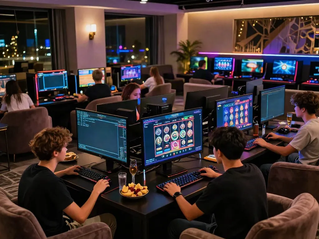 Exciting scene of players enjoying luxury12 slot games in a vibrant gaming lounge with luxurious decor.