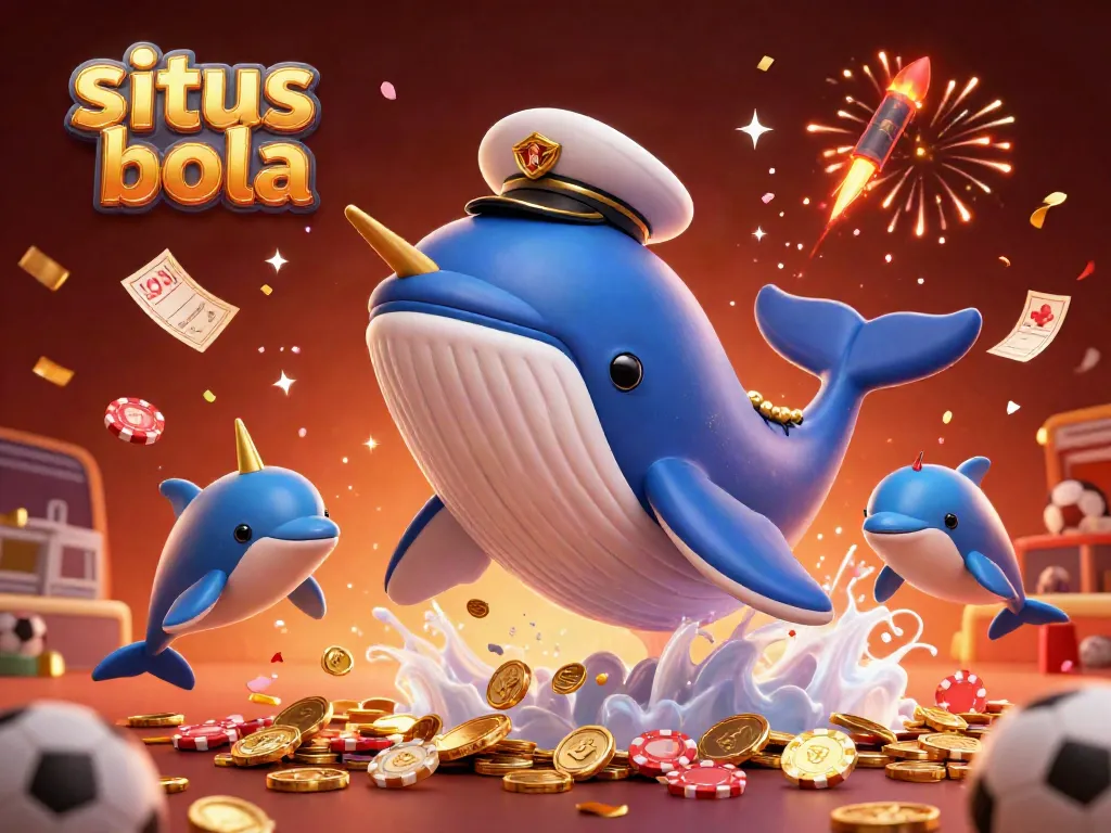 Experience the excitement of situs bola with a lively scene featuring a cartoon whale, narwhal, and dolphins engaging in sports betting.