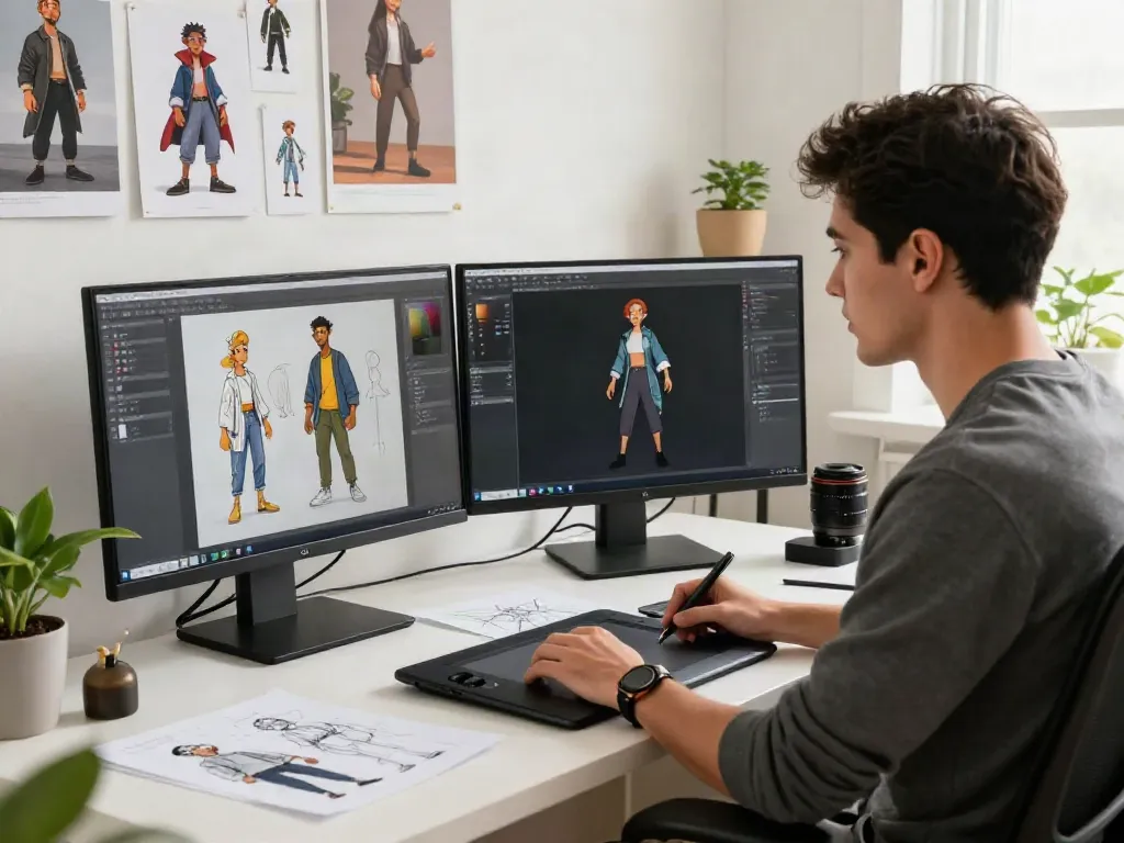 Creative workspace showcasing an AI character generator in action for consistent character design.