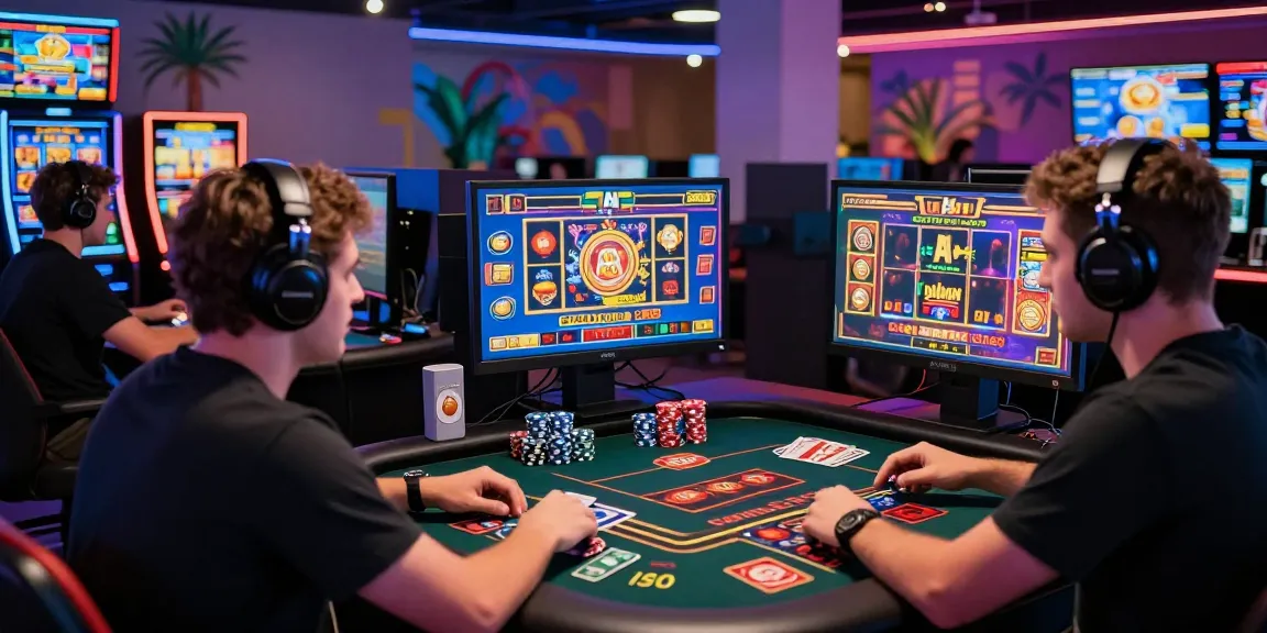 Experience the excitement of bandar slot games with players engaged in a vibrant gaming lounge.