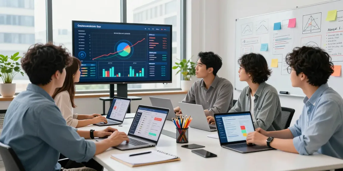 Purchase app installs strategy meeting with diverse team reviewing app analytics in modern office setting.