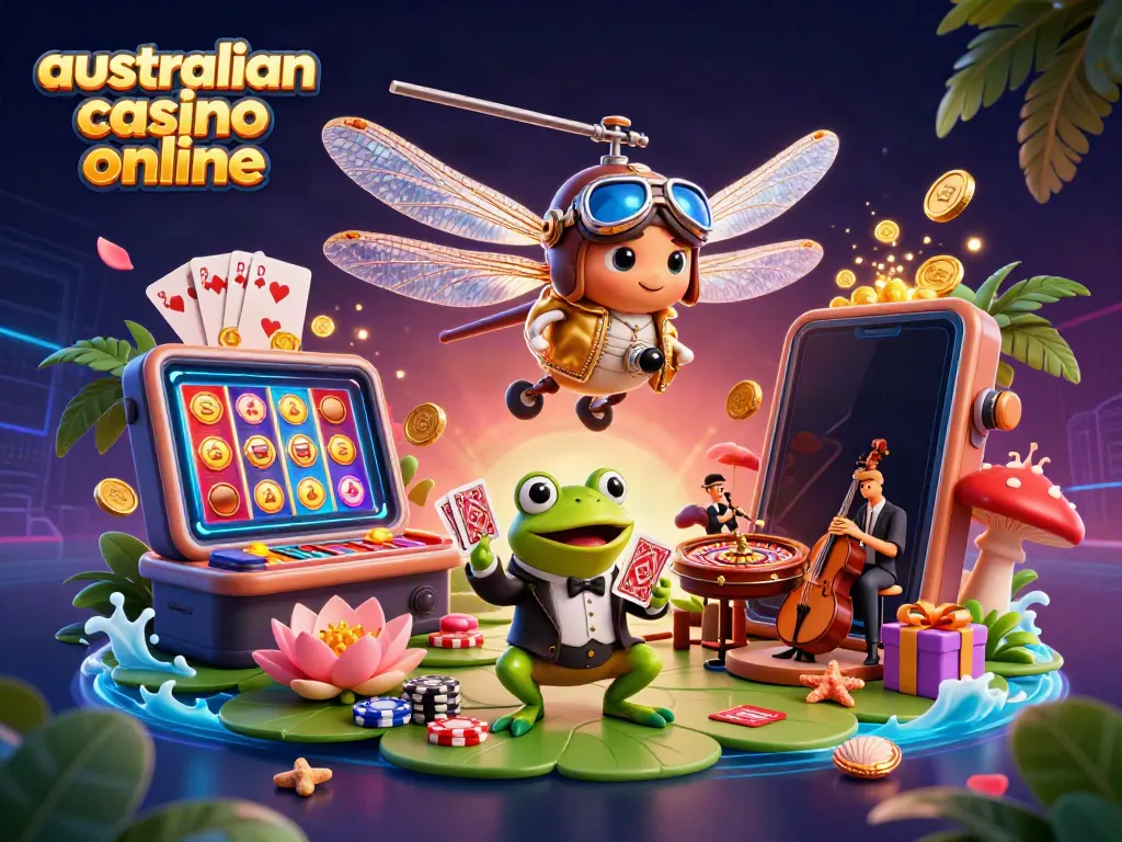 Experience the excitement of an australian casino online with a vibrant 3D scene of games and characters.
