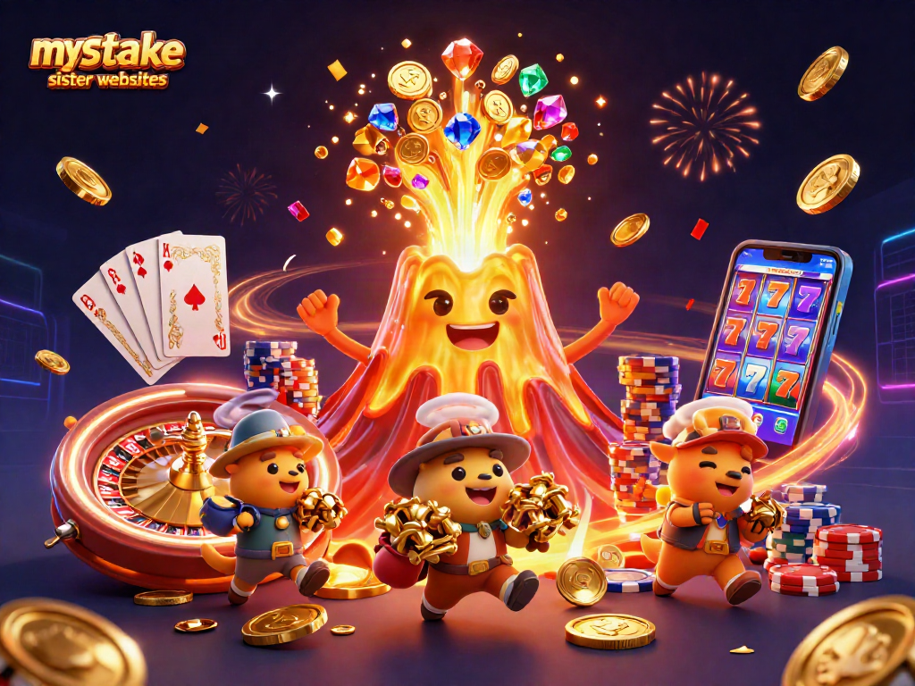 Win big at mystake sister websites with treasures and vibrant gaming elements in a dynamic casino scene.