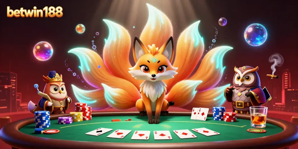 Bermain judul poker di betwin188 dengan sembilan ekor rubah dan penguin tahu, suasana kasino yang glamor dan penuh warna.