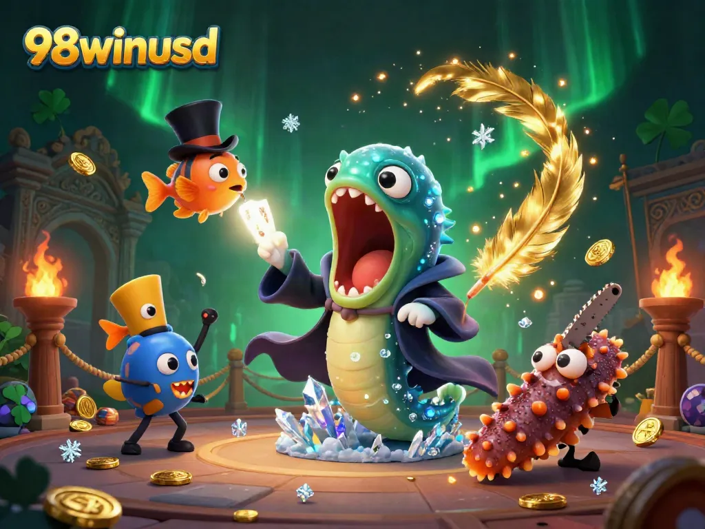 Experience the immersive magic of 98winusd through enchanting characters in a lively casino-themed illustration.