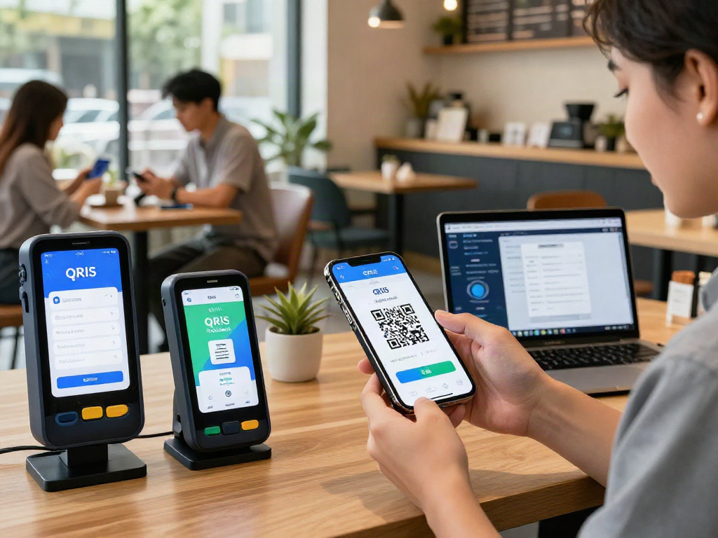 User engaging with a slot 5k qris payment system on smartphone in a bustling café.