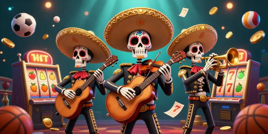 Slot mesin yang dikelilingi oleh karakter mariachi skeleton berwarna-warni dengan elemen kasino.