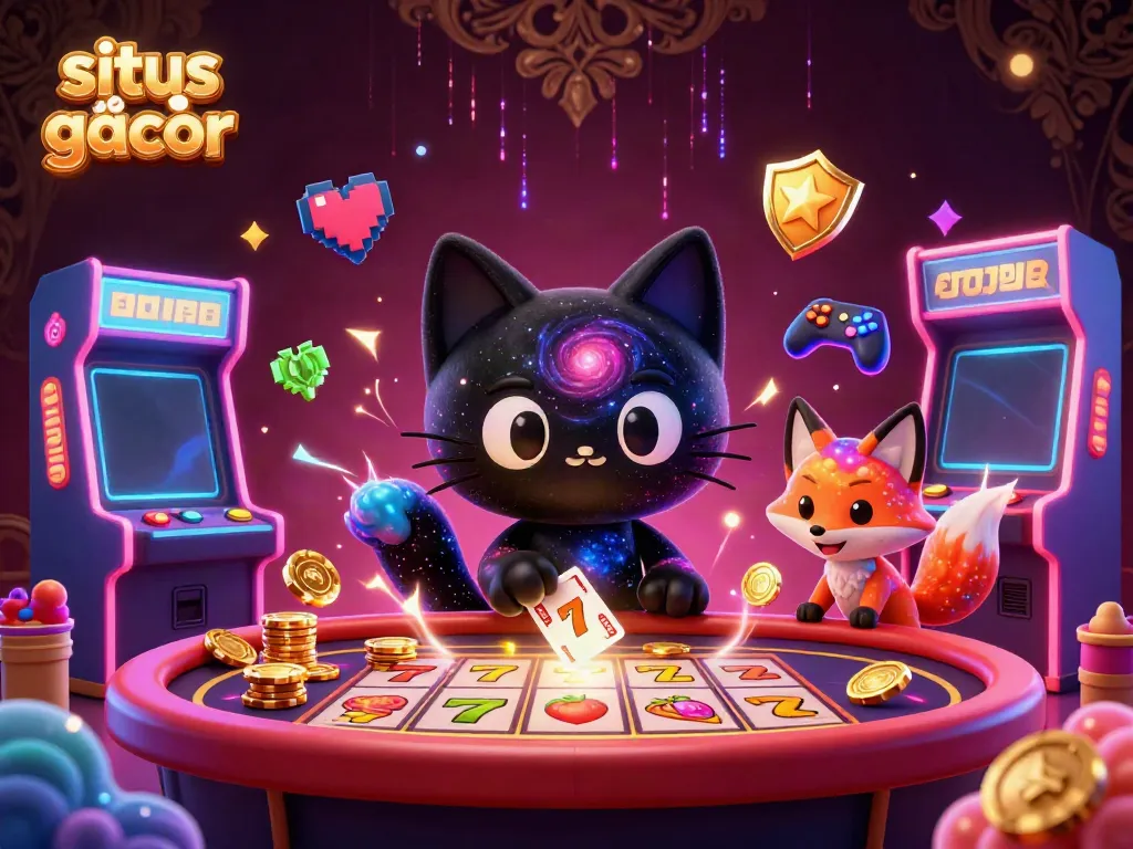Engage in situs slot gacor with a cosmic casino scene featuring a black hole cat and a nebula fox.